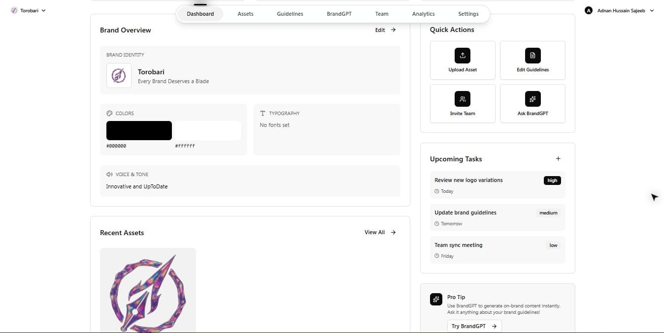 Torobari dashboard showing governance and brand health information